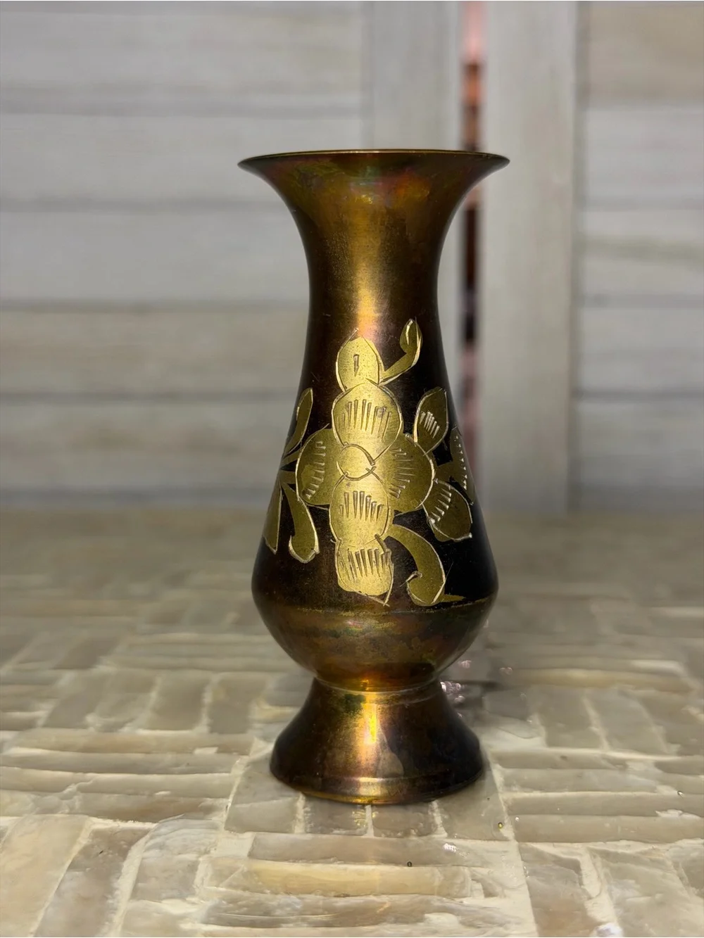 Vintage Etched Brass Floral Bud Vase w/ Iridescent Finish